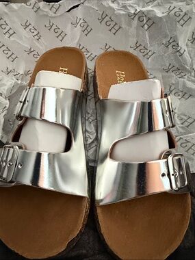 Metallic Silver Double-Buckle Slide Sandals - Women size 9